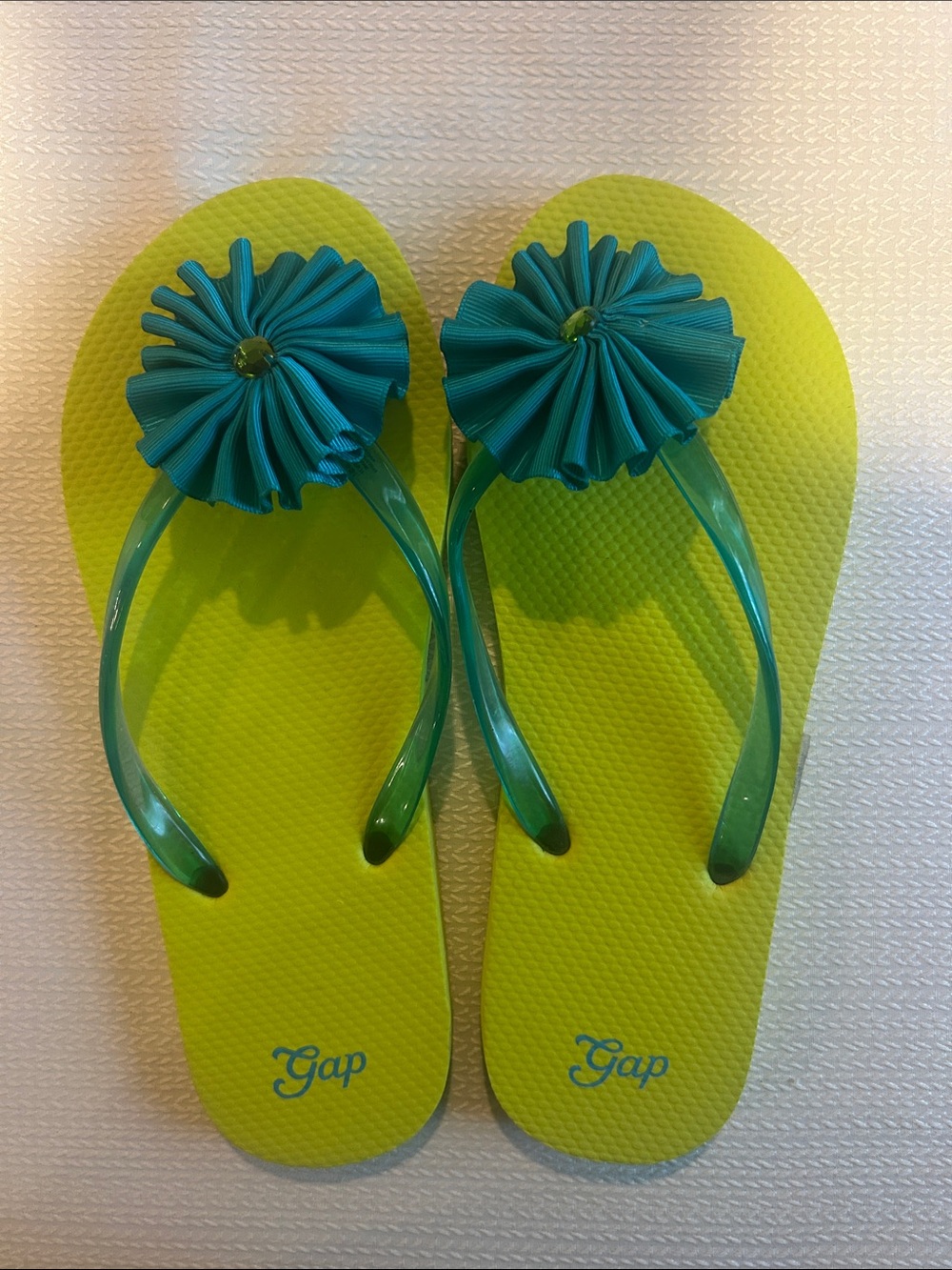 GAP Neon Green Flip Flops with Teal Flower Detail